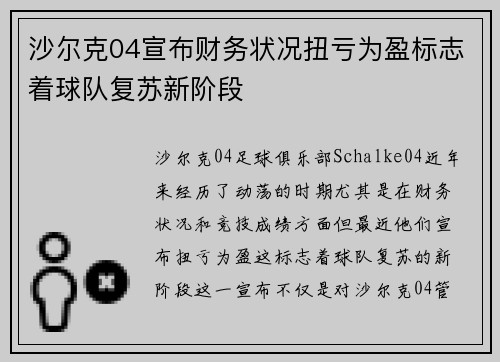 沙尔克04宣布财务状况扭亏为盈标志着球队复苏新阶段 沙尔克04宣布财务状况扭亏为盈标志着球队复苏新阶段